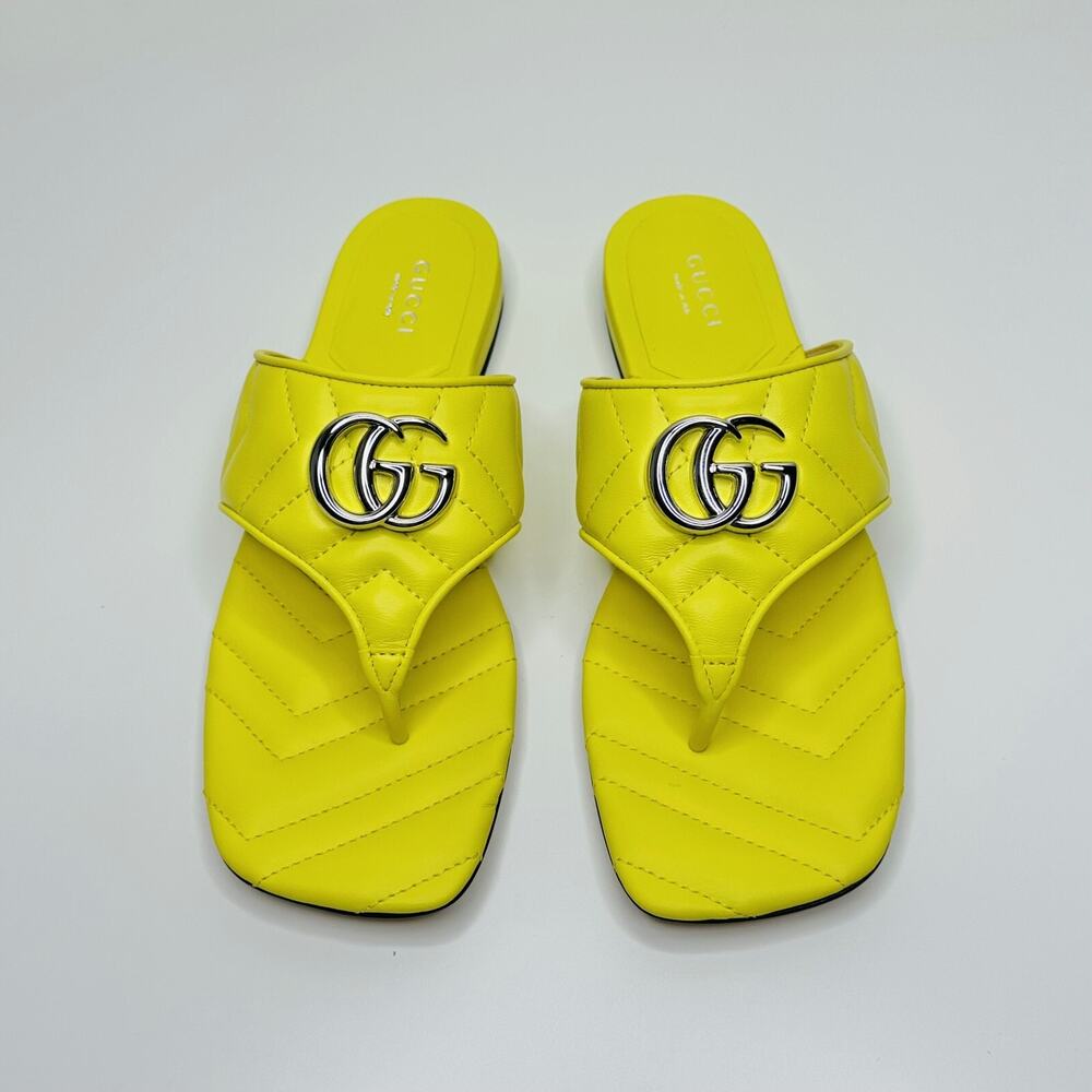 Gucci Marmont Chevron Double G 37/ US 7 Thong Sandals Lime Yellow Leather NIB - Picture 9 of 13